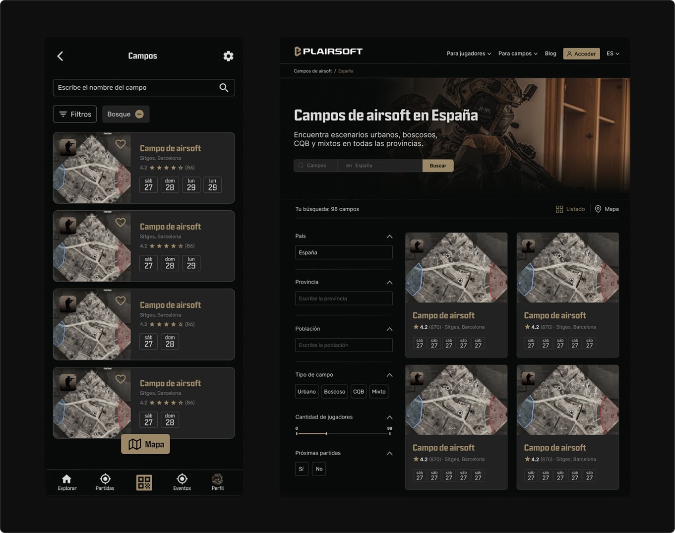A app e o site da Plairsoft com a lista de campos de airsoft em Espanha