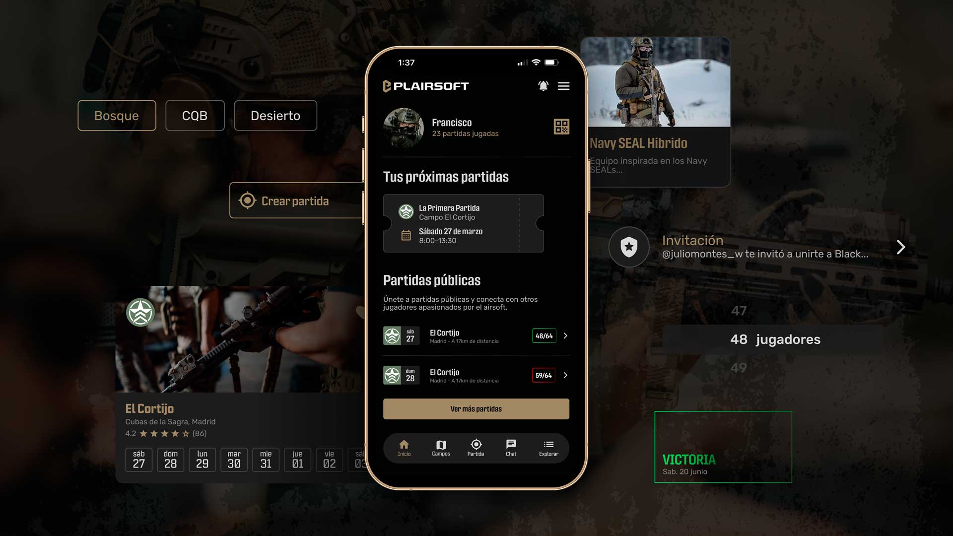 Ecrã inicial da app da Plairsoft com os próximos jogos e os jogos públicos