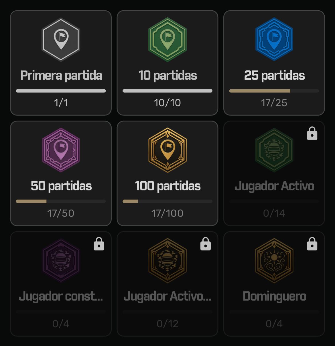 Conquistas desbloqueáveis de um jogador na Plairsoft