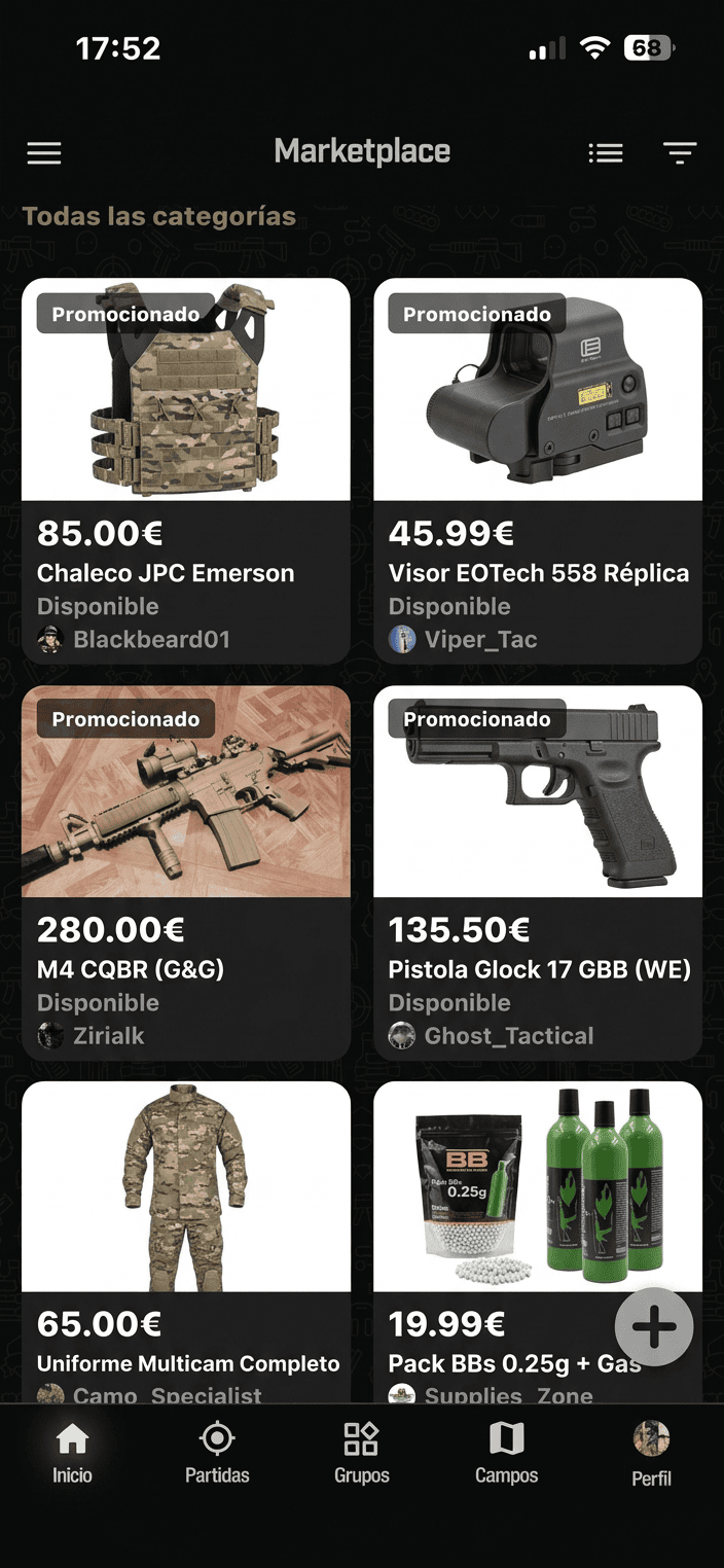 Lista do marketplace da Plairsoft com anúncios de equipamento de airsoft