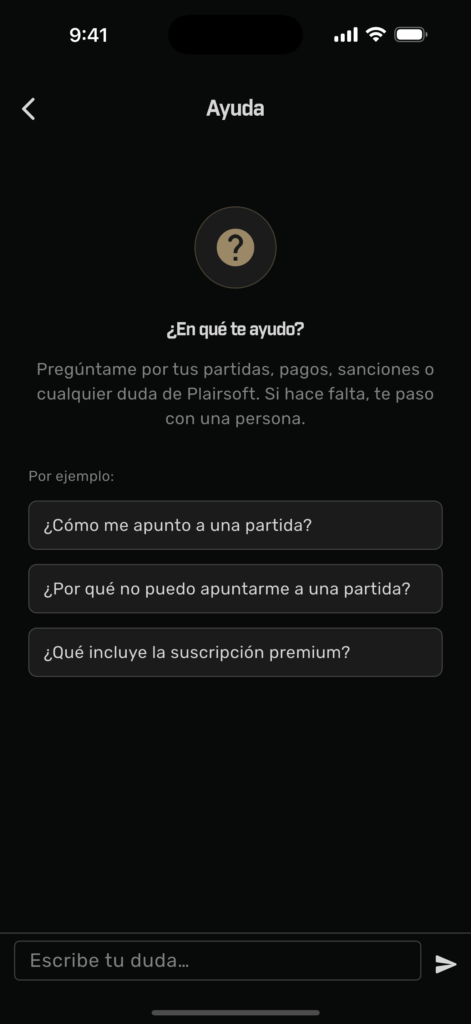 Pantalla de ayuda de la app de Plairsoft con el asistente y las preguntas sugeridas