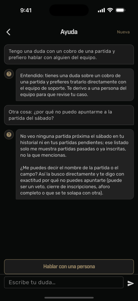 Conversación con el asistente de Plairsoft y el botón Hablar con una persona