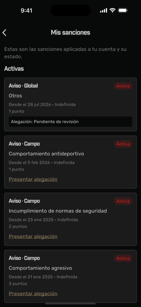 Pantalla Mis sanciones de Plairsoft con las sanciones activas y la opción de presentar alegación