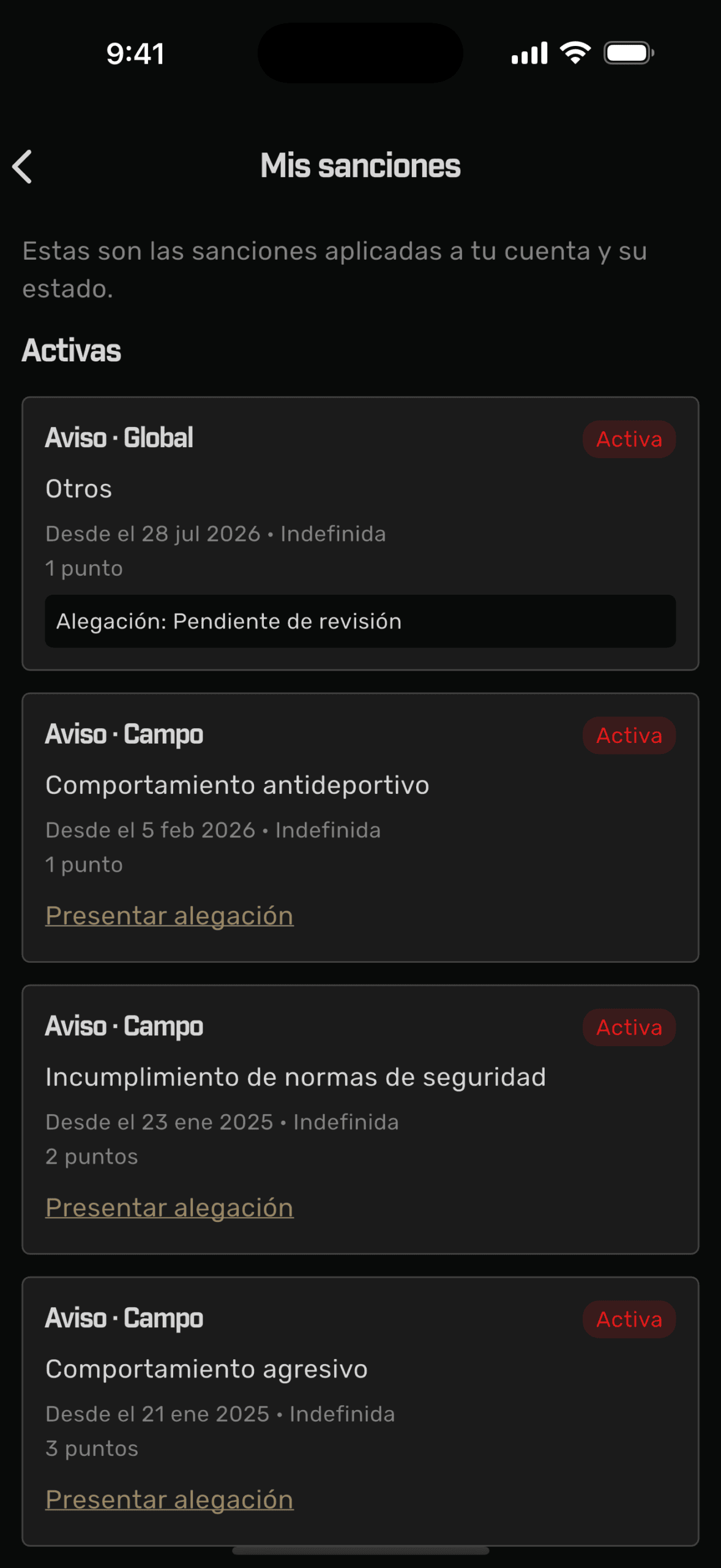 Ecrã As minhas sanções da Plairsoft com as sanções ativas e a opção de apresentar recurso