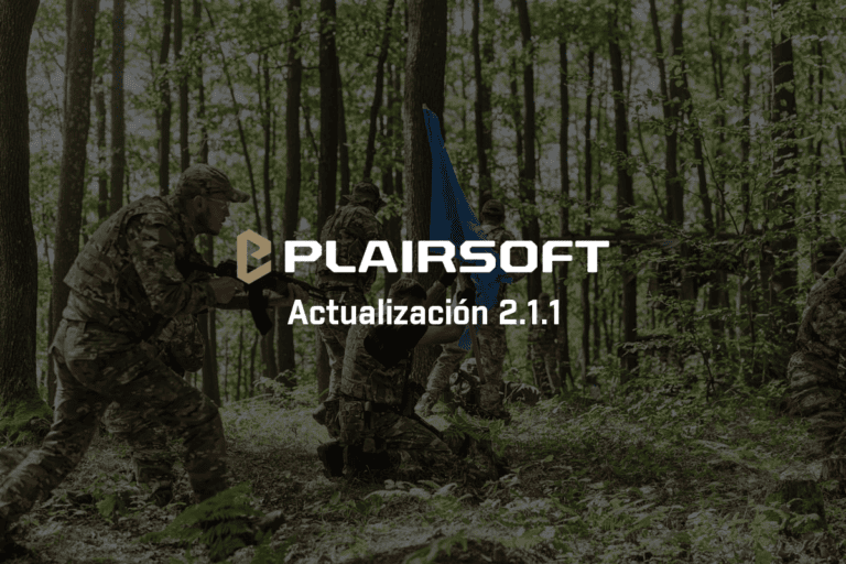 Jugadores de airsoft en un campo boscoso con el logo de Plairsoft y el texto Actualización 2.1.1