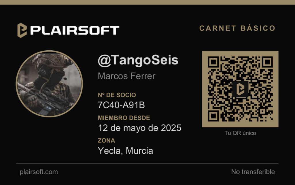 Carnet de socio de Plairsoft con la foto, el número de socio y el QR