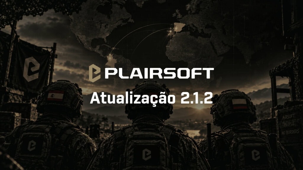 Três jogadores de airsoft de costas, com as bandeiras de Espanha, Portugal e Colômbia no capacete, diante de um mapa-múndi