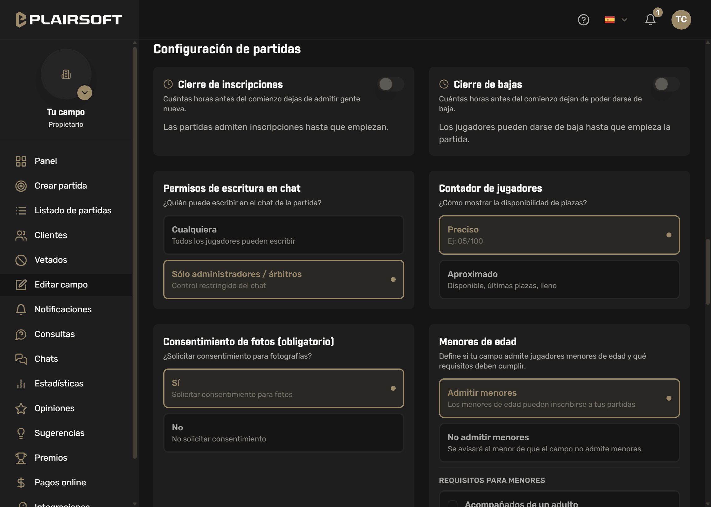 Configuración de partidas en el panel de Plairsoft: cierre de inscripciones, cierre de bajas, permisos del chat, contador de jugadores, consentimiento de fotos y menores de edad