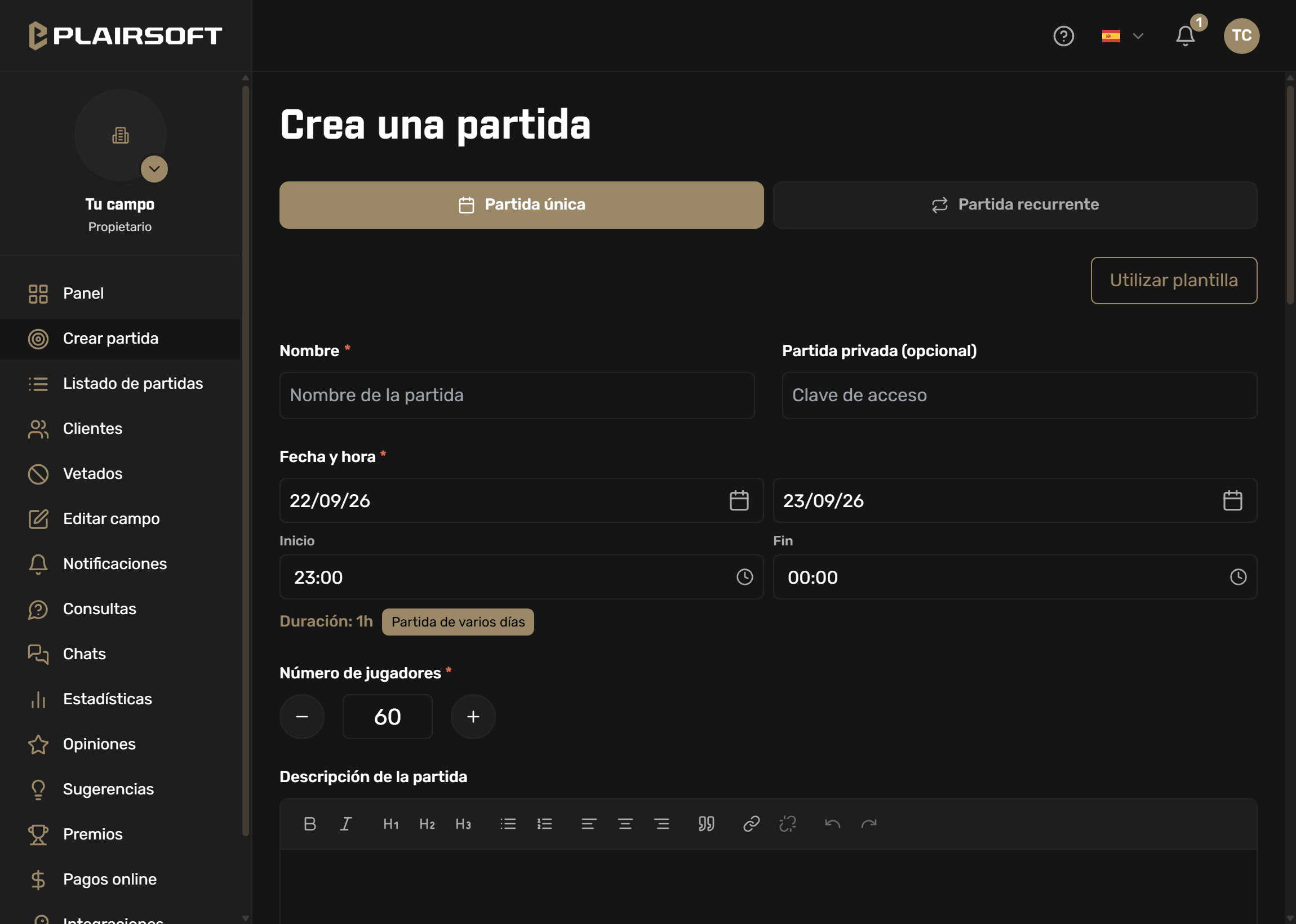 Formulario de crear partida en el panel de Plairsoft: partida única o recurrente, nombre, fecha y hora con la duración calculada, número de jugadores y descripción