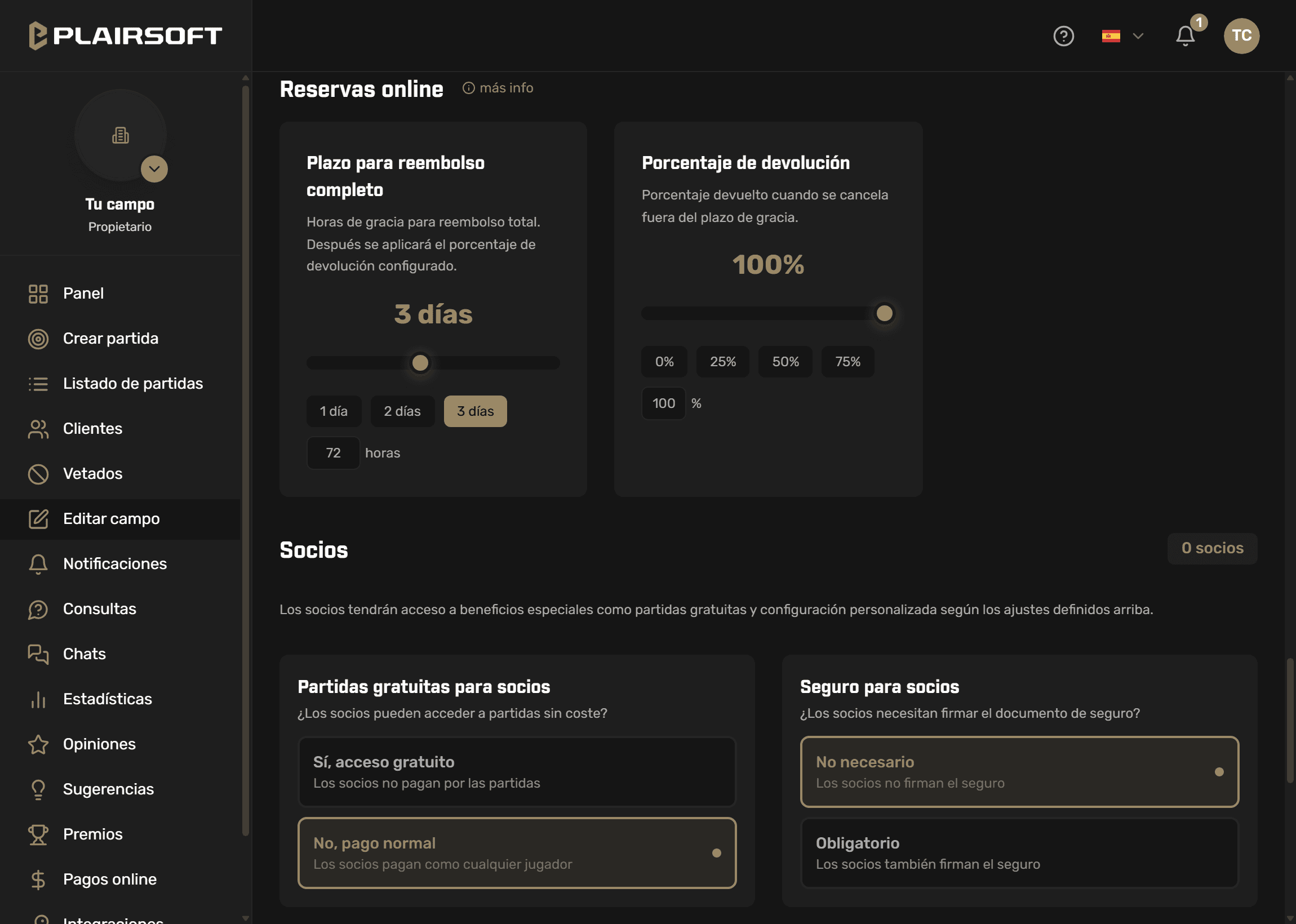 Ajustes de reservas online en el panel de Plairsoft: plazo para reembolso completo de tres días y porcentaje de devolución al 100 %