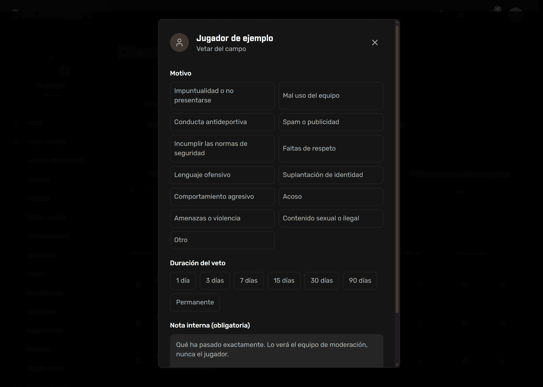 Diálogo para vetar a un jugador en el panel de Plairsoft: motivo, duración del veto de un día a permanente y nota interna obligatoria