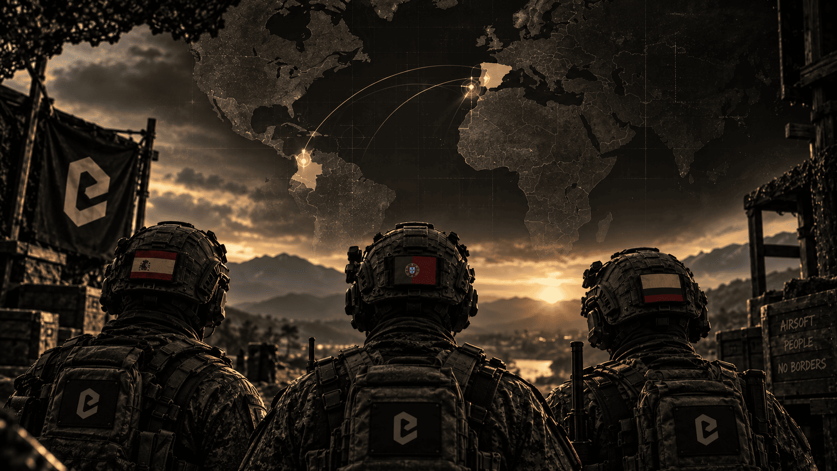 Três jogadores de airsoft de costas, com as bandeiras de Espanha, Portugal e Colômbia no capacete, diante de um mapa-múndi