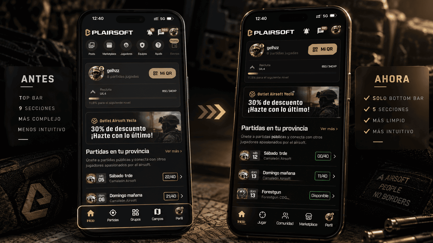 A navegação da app da Plairsoft antes e agora: de nove secções com barra superior para cinco na barra inferior