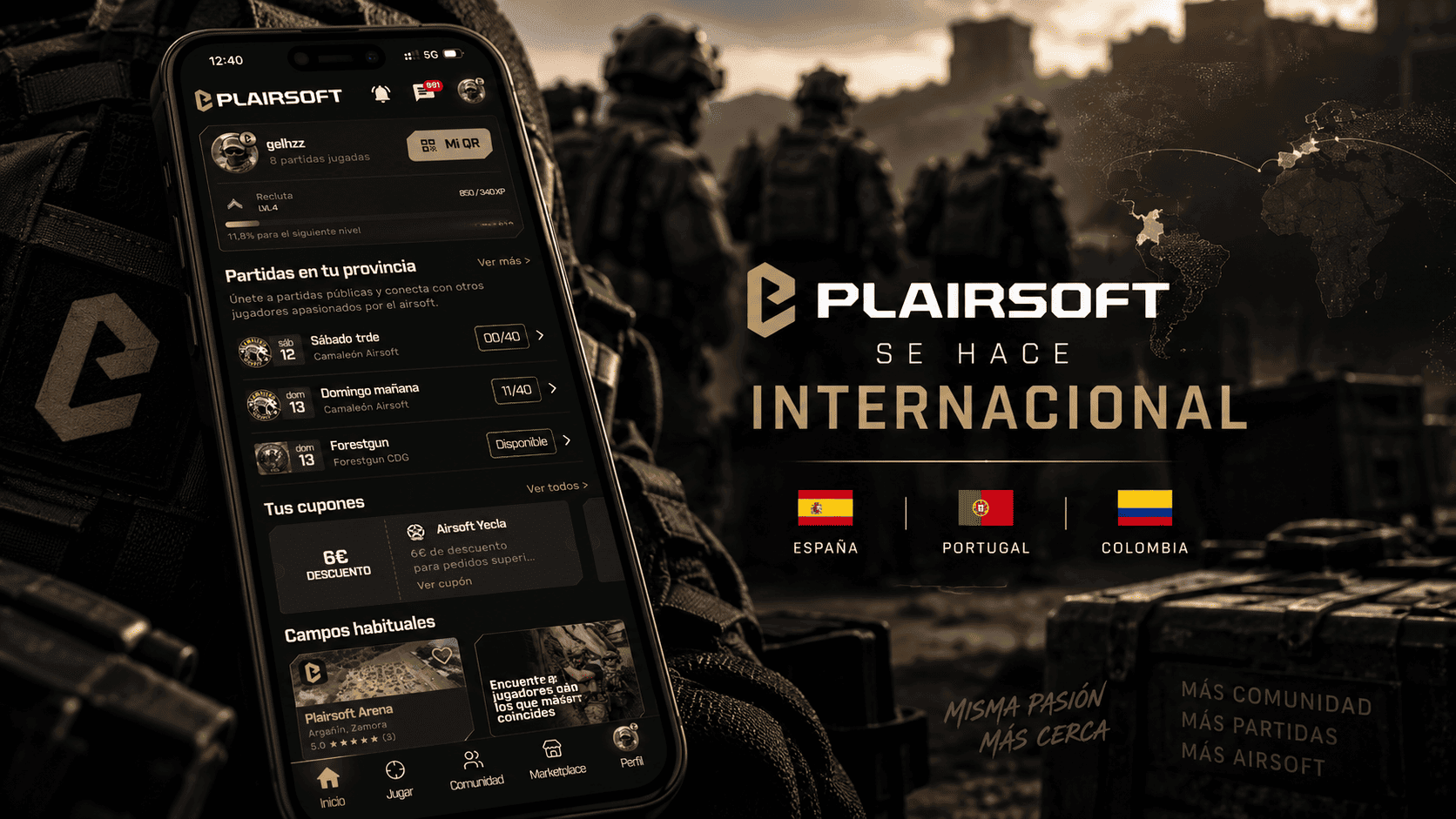 A Plairsoft torna-se internacional: o novo ecrã inicial da app ao lado das bandeiras de Espanha, Portugal e Colômbia