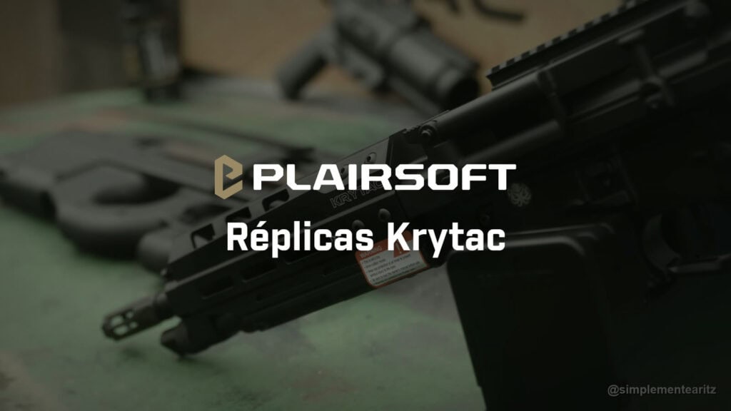Guardamanos M-LOK de la Krytac Trident LMG con el logo de Krytac grabado y el cargador de M4 puesto, con una P90 desenfocada detrás sobre el capó de un todoterreno