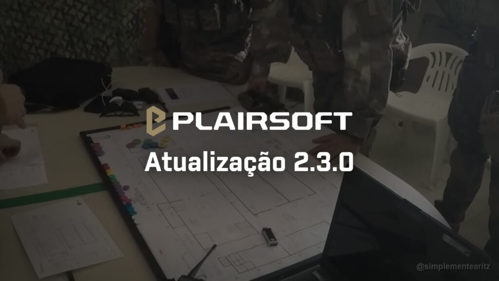 Jogadores de airsoft equipados à volta do plano do campo durante o briefing antes do jogo
