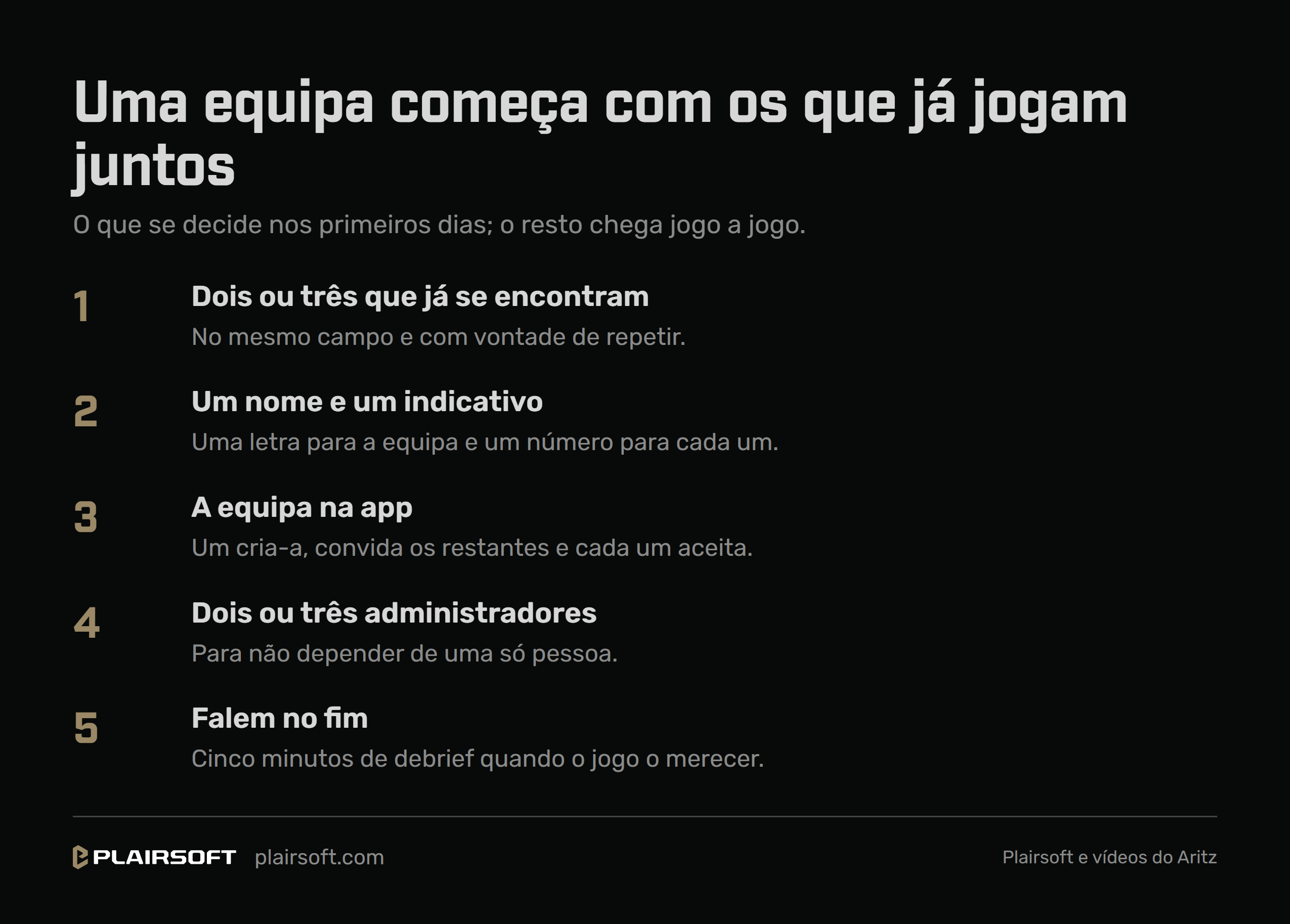 Infografia «Uma equipa começa com os que já jogam juntos», com cinco passos: dois ou três que já se encontram no mesmo campo; um nome e um indicativo, com uma letra para a equipa e um número para cada um; criar a equipa na app da Plairsoft e convidar os restantes; nomear dois ou três administradores; e falar cinco minutos no fim do jogo