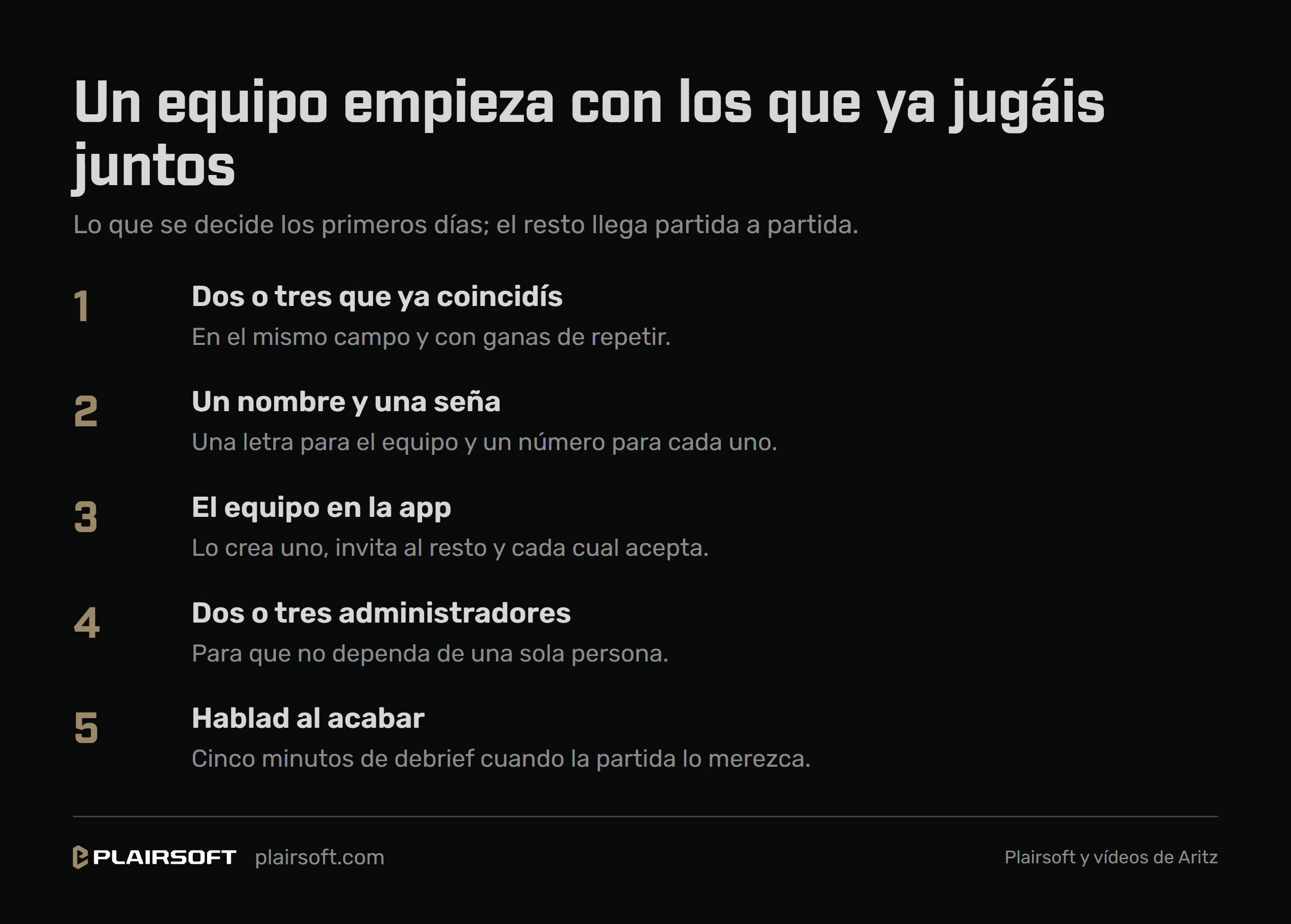 Infografía «Un equipo empieza con los que ya jugáis juntos», con cinco pasos: dos o tres que ya coincidís en el mismo campo; un nombre y una seña, con una letra para el equipo y un número para cada uno; crear el equipo en la app de Plairsoft e invitar al resto; nombrar dos o tres administradores; y hablar cinco minutos al acabar la partida