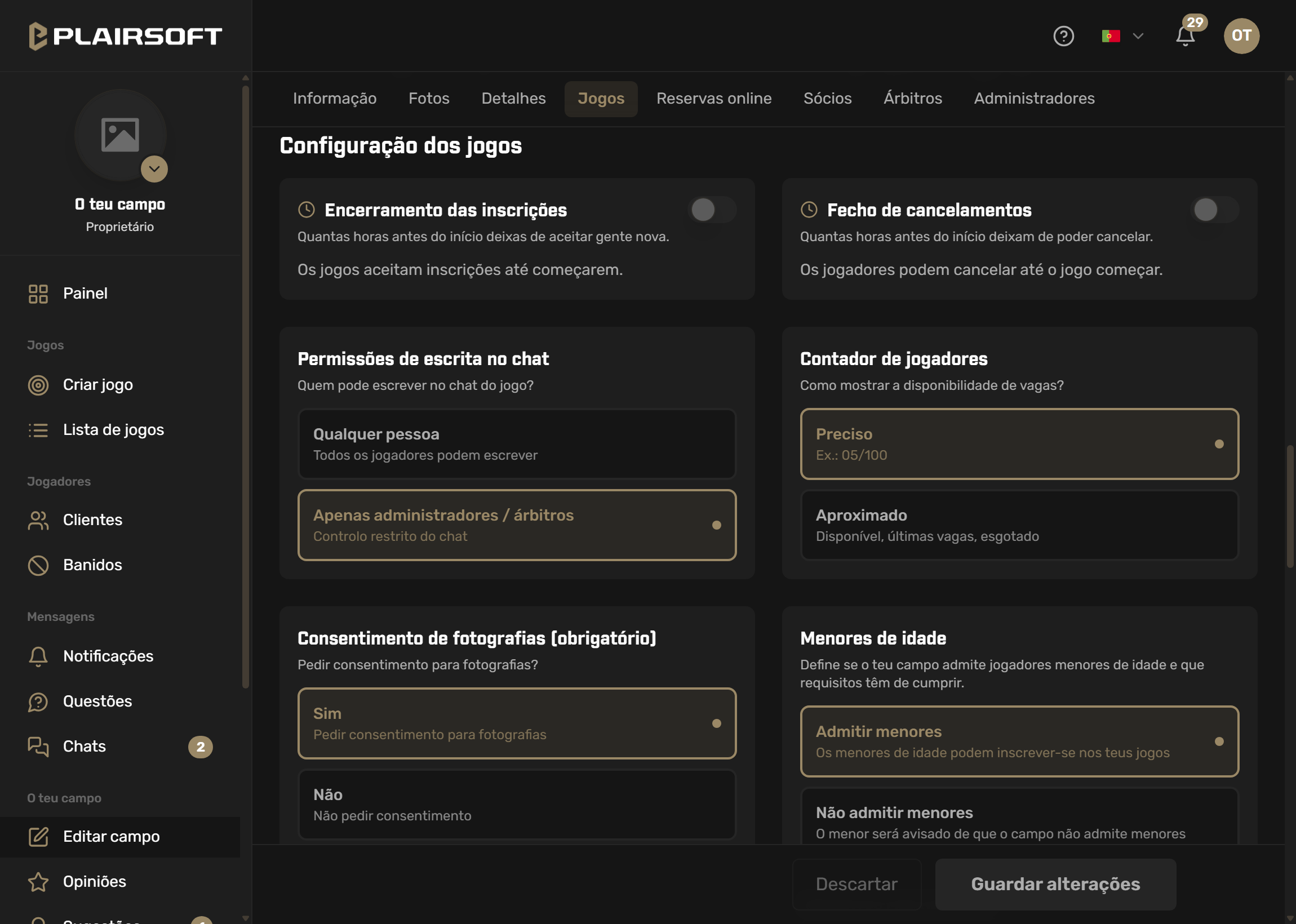 Configuração dos jogos no painel da Plairsoft: fecho das inscrições, fecho das desistências, permissões do chat, contador de jogadores, consentimento de fotografias e menores de idade