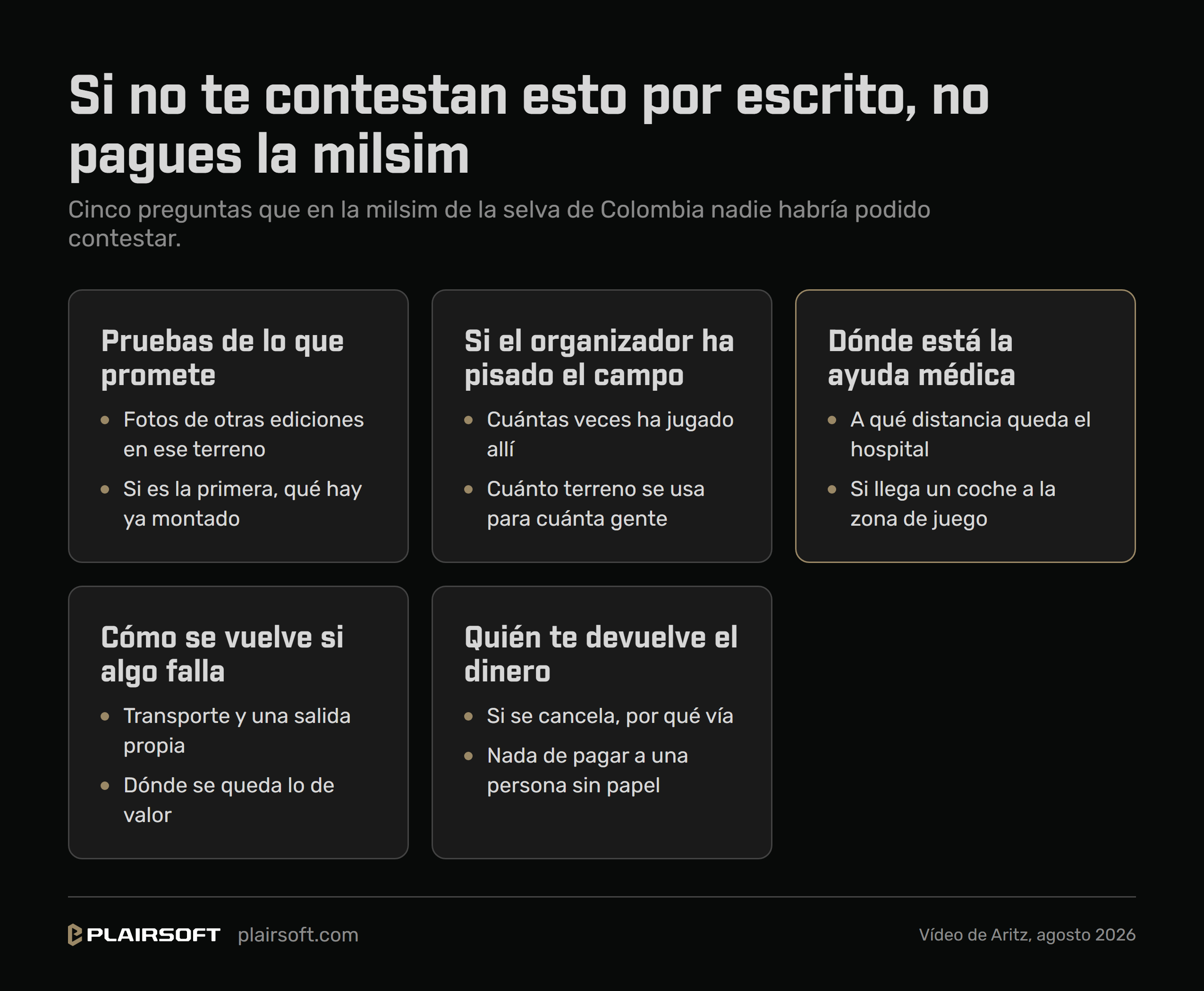 Infografía con las cinco preguntas que hay que tener contestadas por escrito antes de pagar una milsim: qué pruebas hay de lo que promete, si el organizador ha pisado el campo, dónde está la ayuda médica, cómo se vuelve si algo falla y quién te devuelve el dinero si se cancela