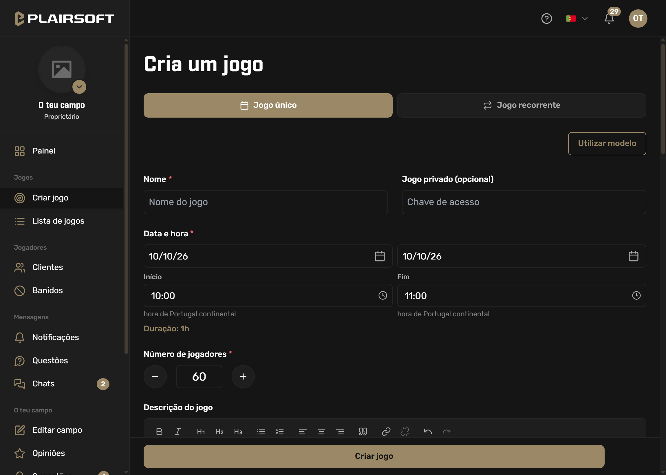 Formulário de criar jogo no painel da Plairsoft: jogo único ou recorrente, nome, data e hora com a duração calculada, número de jogadores e descrição