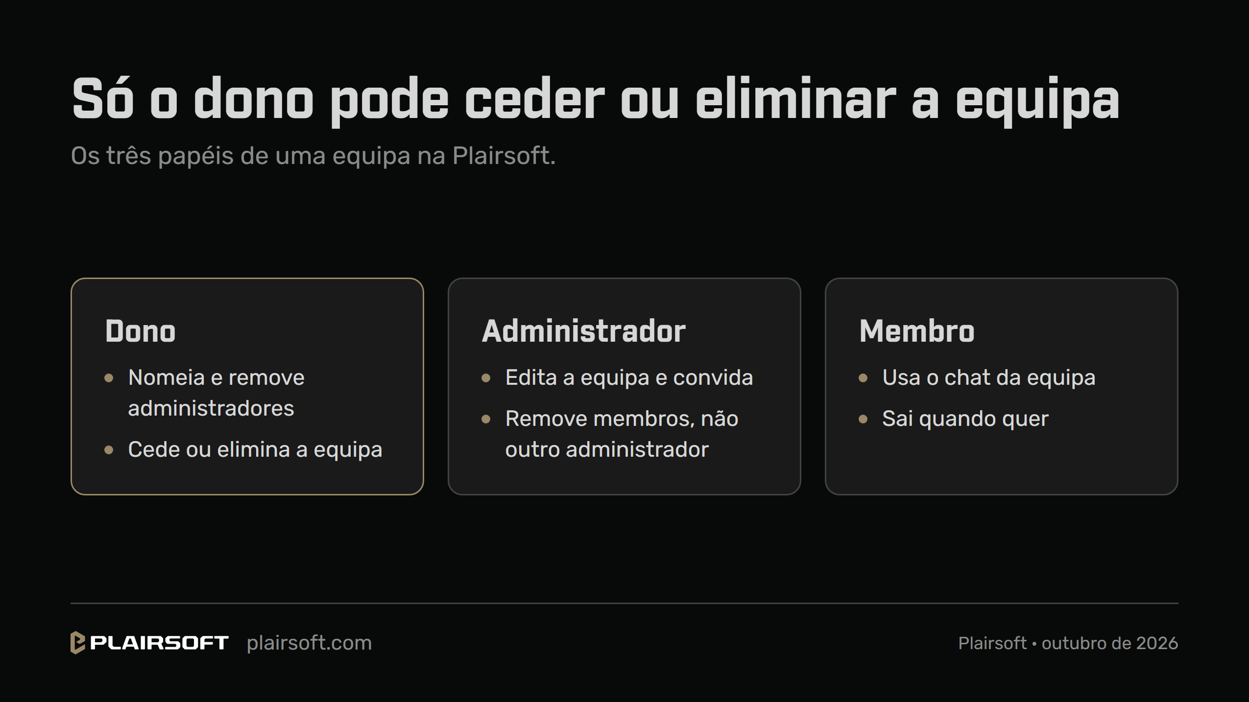 Infografia «Só o dono pode ceder ou eliminar a equipa», com os três papéis de uma equipa na Plairsoft: o dono nomeia e remove administradores e cede ou elimina a equipa; o administrador edita a equipa, convida e remove membros, mas não outro administrador; o membro usa o chat da equipa e sai quando quer