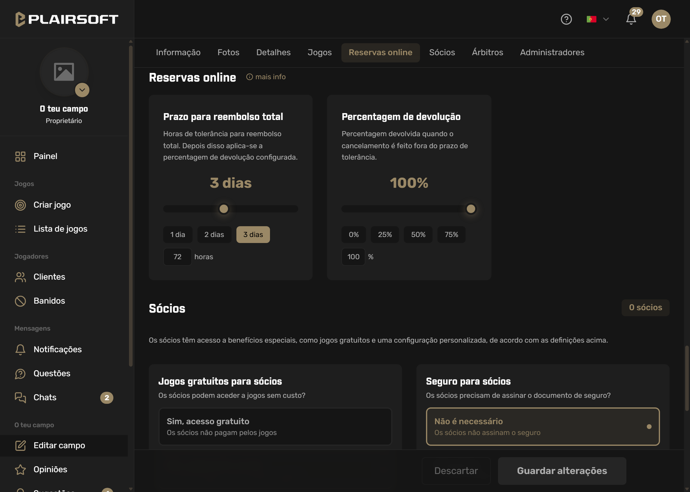 Definições das reservas online no painel da Plairsoft: prazo de três dias para o reembolso total e percentagem de devolução a 100 %