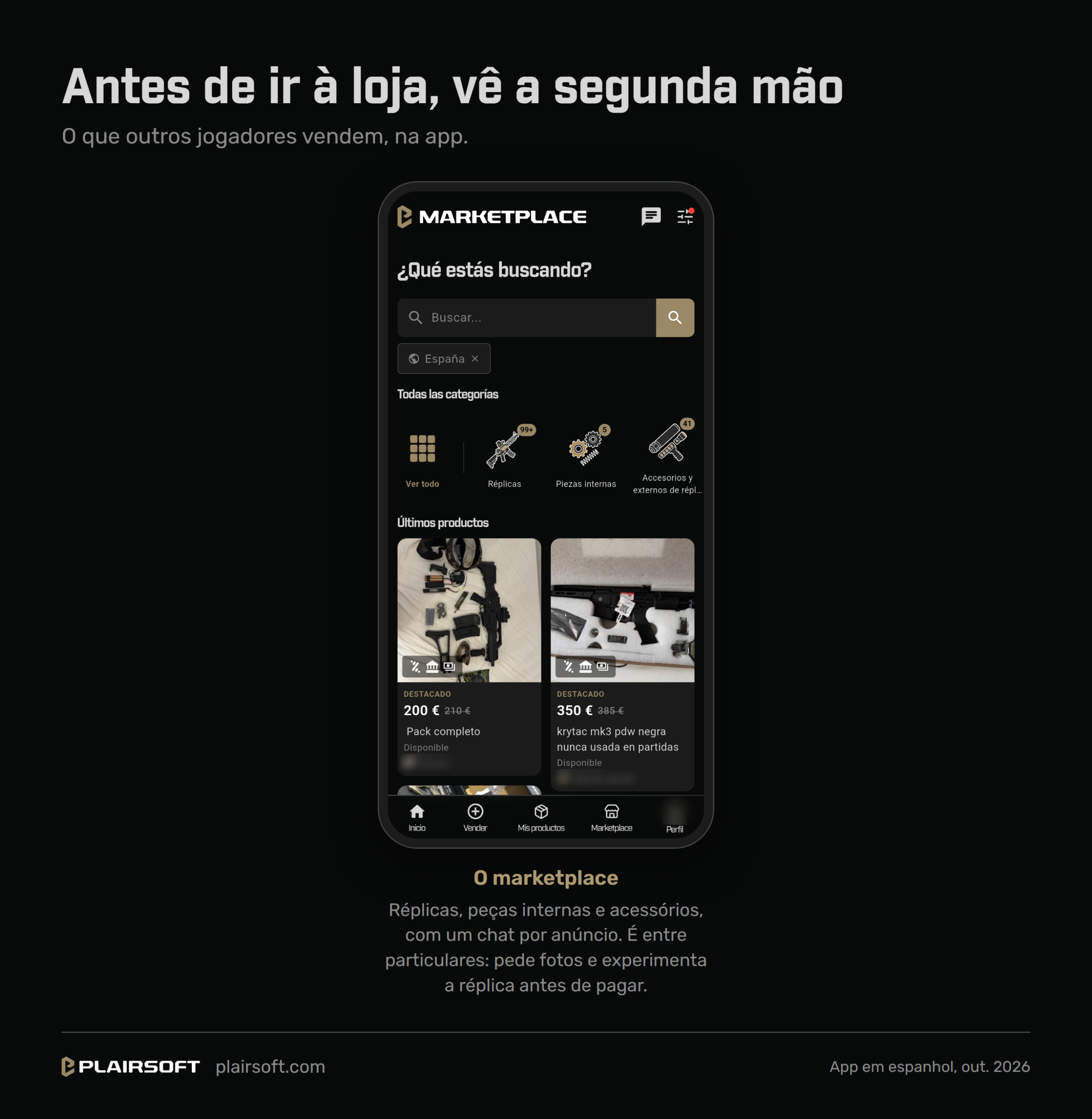 Infografia da Plairsoft, «Antes de ir à loja, vê a segunda mão», com o ecrã do marketplace da app da Plairsoft, em espanhol, num telemóvel: pesquisa, categorias de réplicas, peças internas e acessórios, e os últimos artigos em segunda mão com o preço
