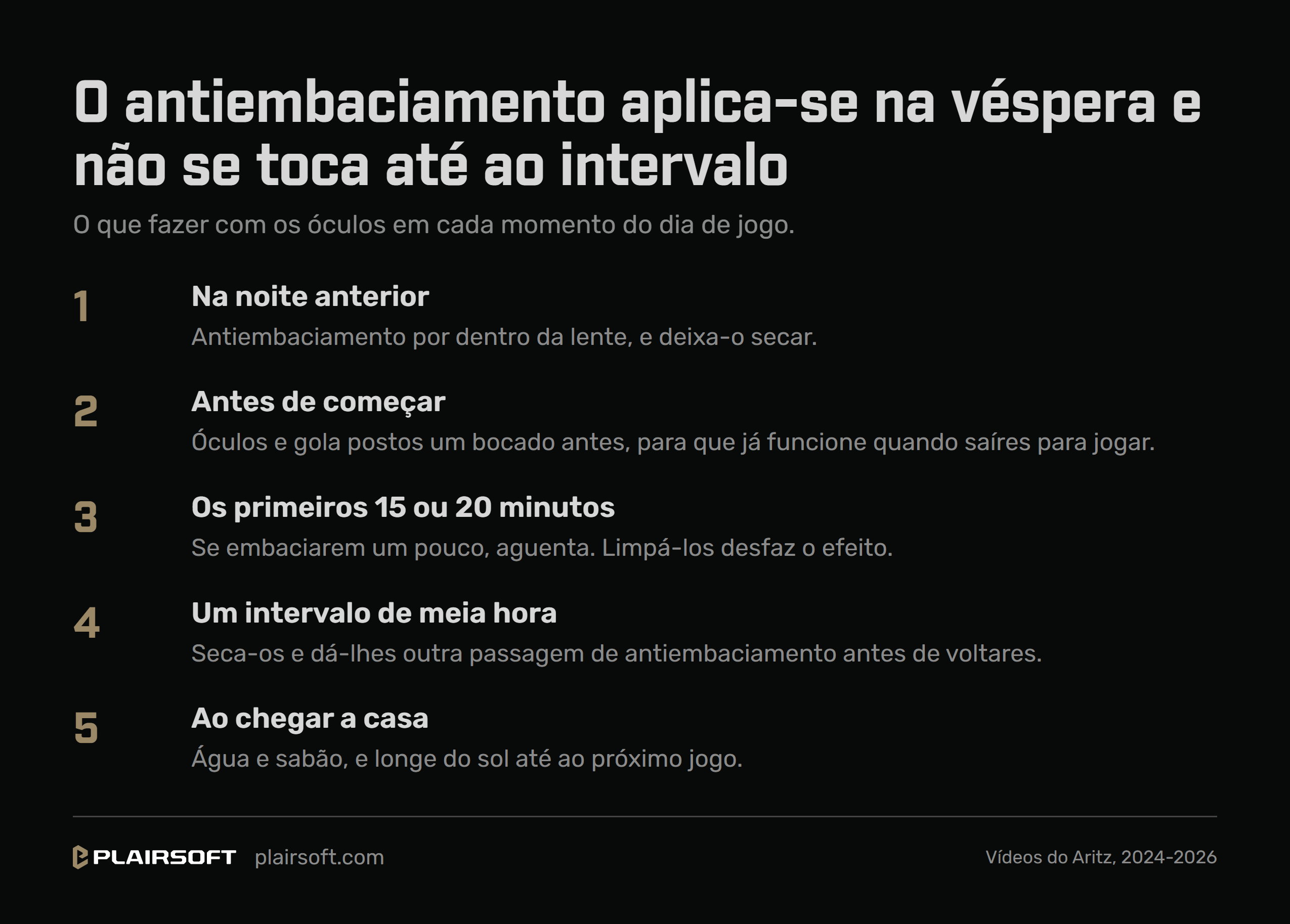 Infografia com os cinco momentos do antiembaciamento: na noite anterior, por dentro da lente e a deixar secar; antes de começar, óculos e gola postos um bocado antes para que já funcione ao sair para jogar; nos primeiros 15 ou 20 minutos, aguentar sem os limpar; num intervalo de meia hora, secá-los e voltar a aplicar; e ao chegar a casa, água e sabão e longe do sol