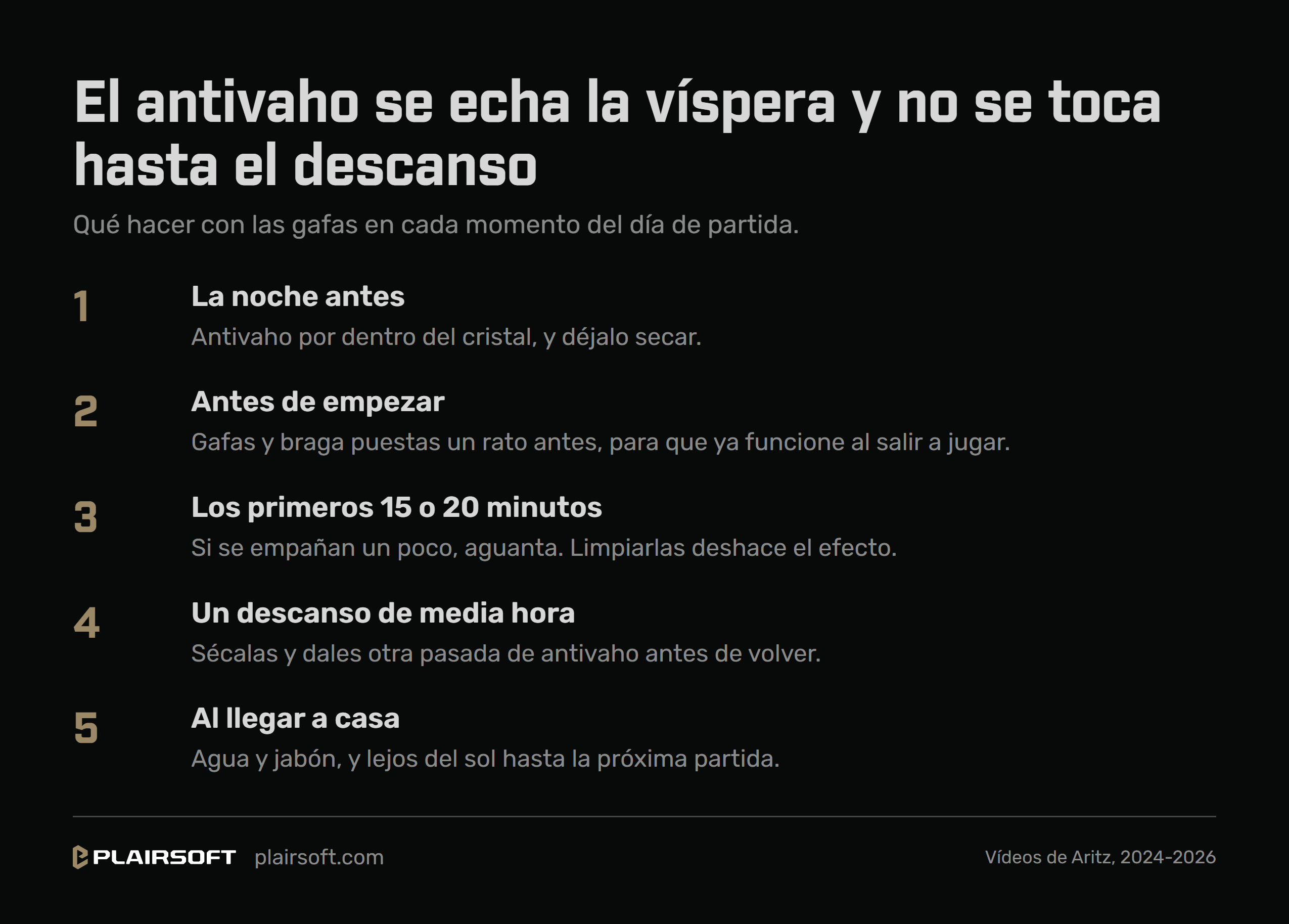 Infografía con los cinco momentos del antivaho: la noche antes, por dentro del cristal y dejándolo secar; antes de empezar, gafas y braga puestas un rato antes para que ya funcione al salir a jugar; los primeros 15 o 20 minutos, aguantar sin limpiarlas; en un descanso de media hora, secarlas y volver a echar; y al llegar a casa, agua y jabón y lejos del sol