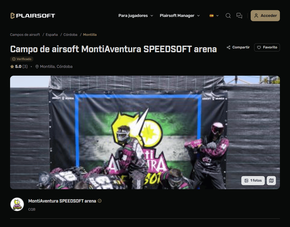 Ficha de la MontiAventura SPEEDSOFT arena de Montilla, Córdoba, en Plairsoft, con la foto de dos equipos de speedsoft con máscara y jersey