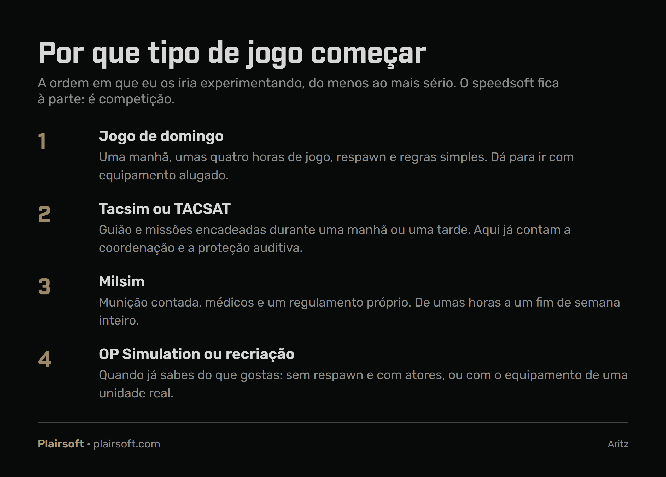 Infografia com a ordem para começar no airsoft: primeiro o jogo de domingo, depois uma tacsim, a seguir a milsim e, quando já sabes do que gostas, a OP Simulation ou a recriação; o speedsoft fica à parte