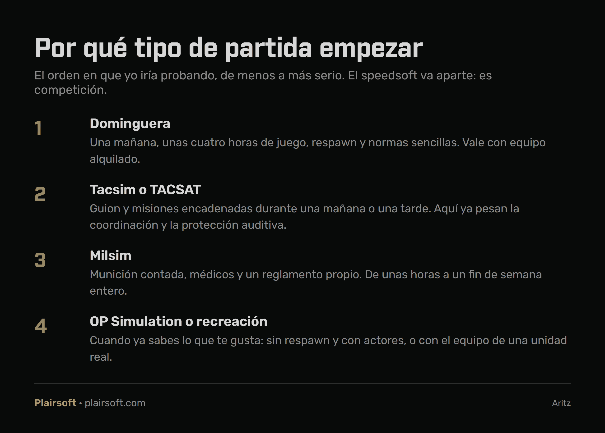 Infografía con el orden para empezar en el airsoft: primero la dominguera, después una tacsim, luego la milsim y, cuando ya sabes lo que te gusta, la OP Simulation o la recreación; el speedsoft va aparte