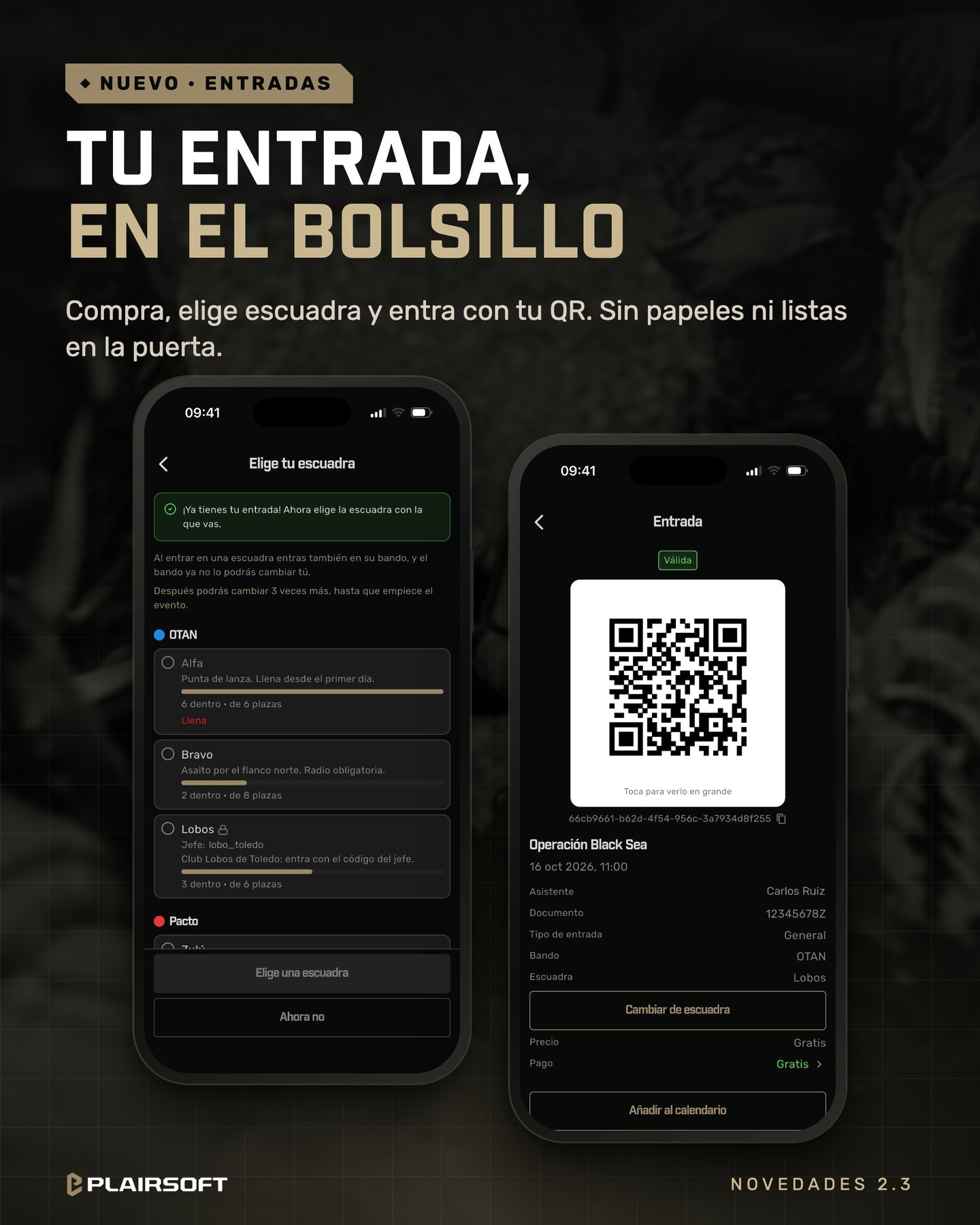 Elegir escuadra y la entrada con código QR de un evento en Plairsoft