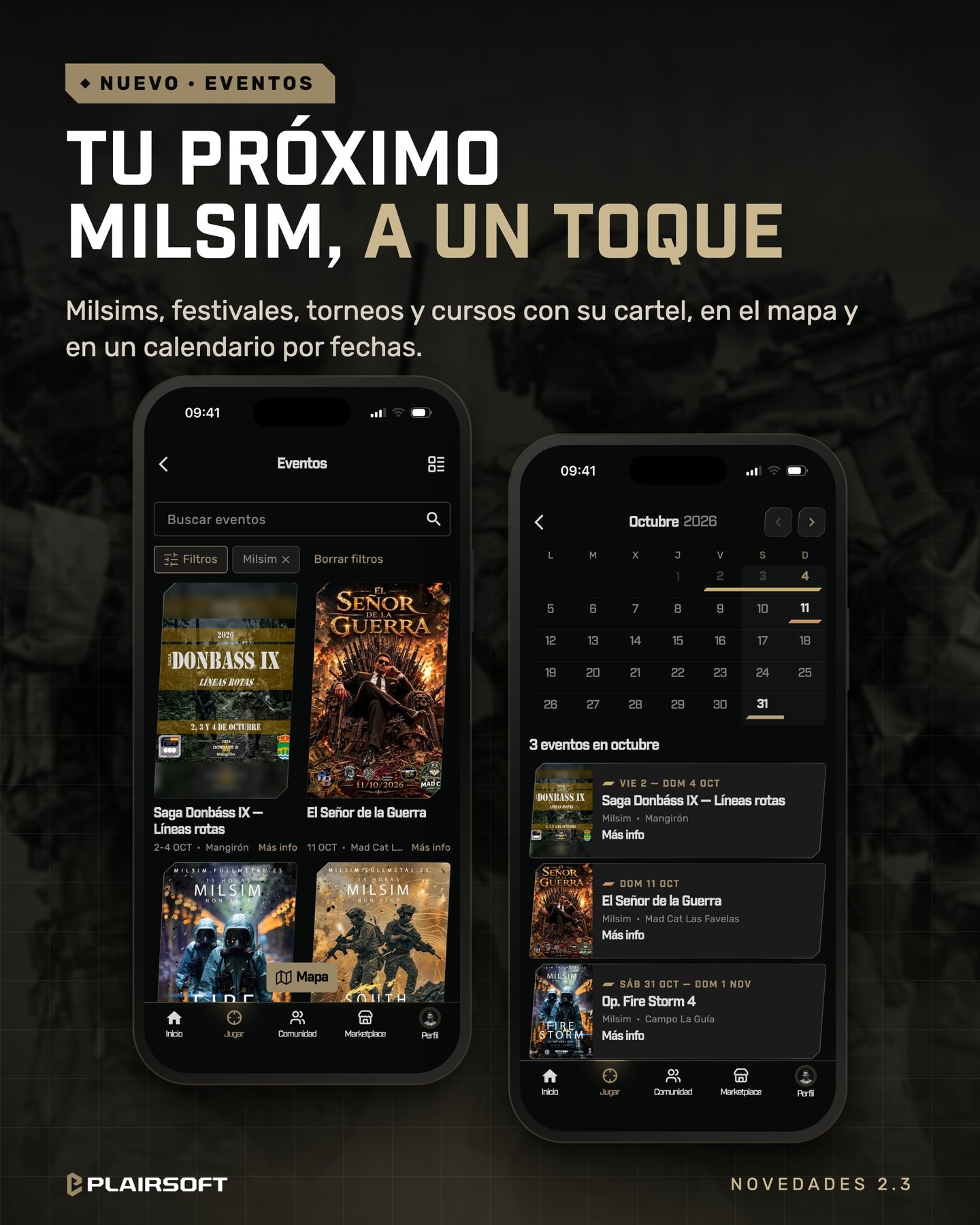 Milsims con su cartel y el calendario de octubre en la app de Plairsoft