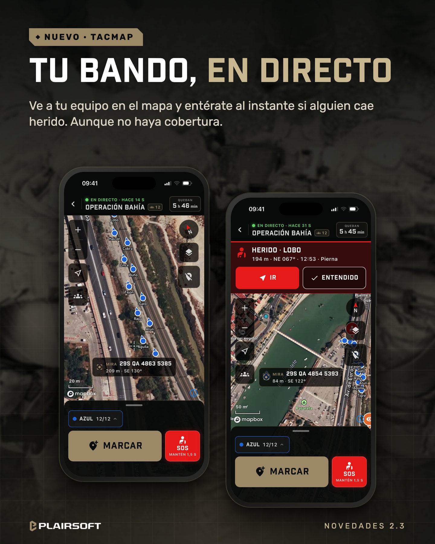 El TacMap en directo con los jugadores del bando azul y el aviso de un compañero herido